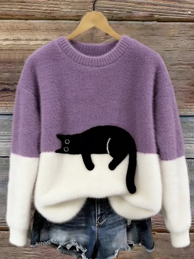 Women's Casual Cat Print Jumper Dress Pullover in Purple
