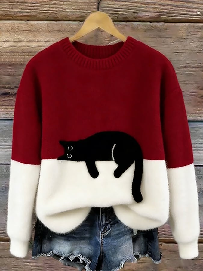 Women's Casual Cat Print Jumper Dress Pullover in Red