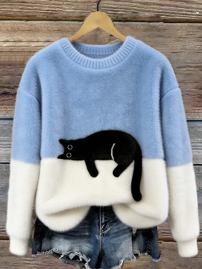 Women's Casual Cat Print Jumper Dress Pullover in Sky Blue