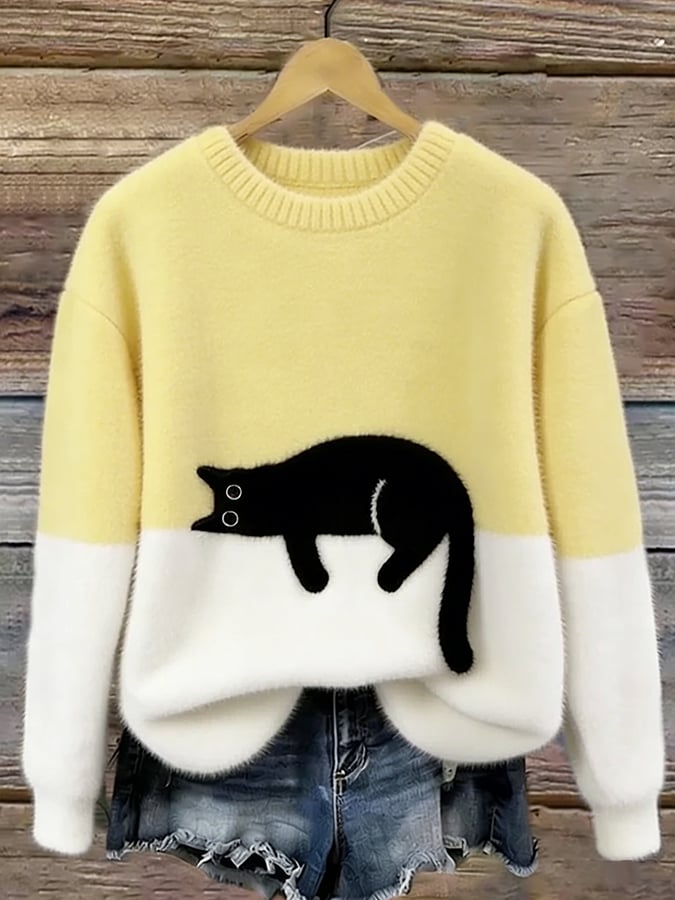 Women's Casual Cat Print Jumper Dress Pullover in Yellow