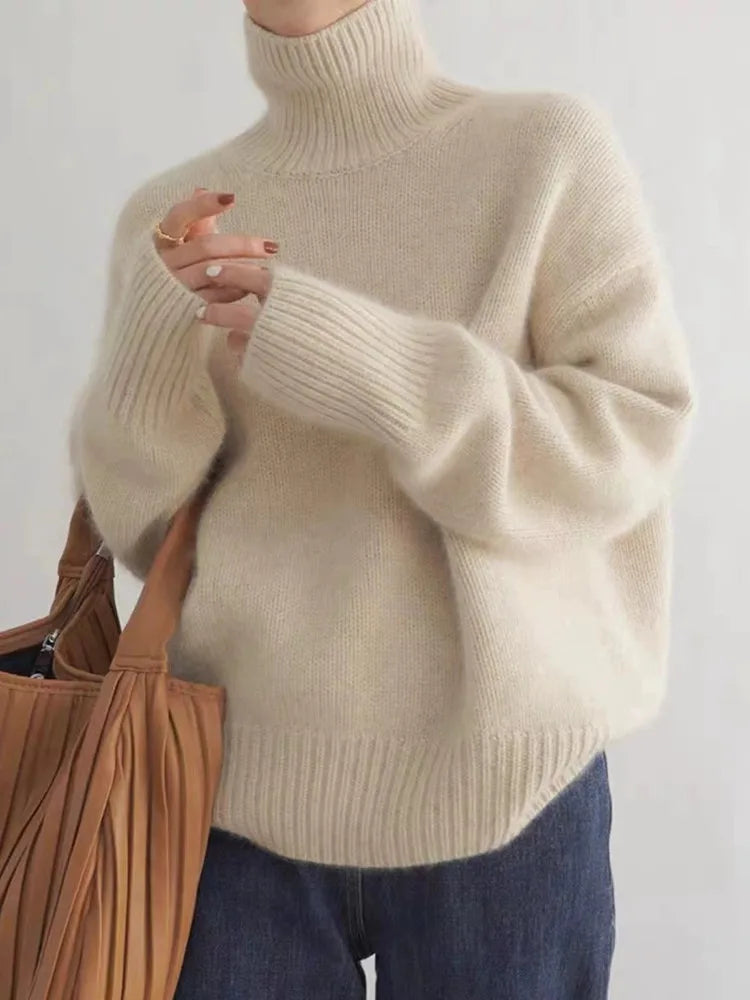 Women's Chunky Turtleneck Jumper Dress in Beige