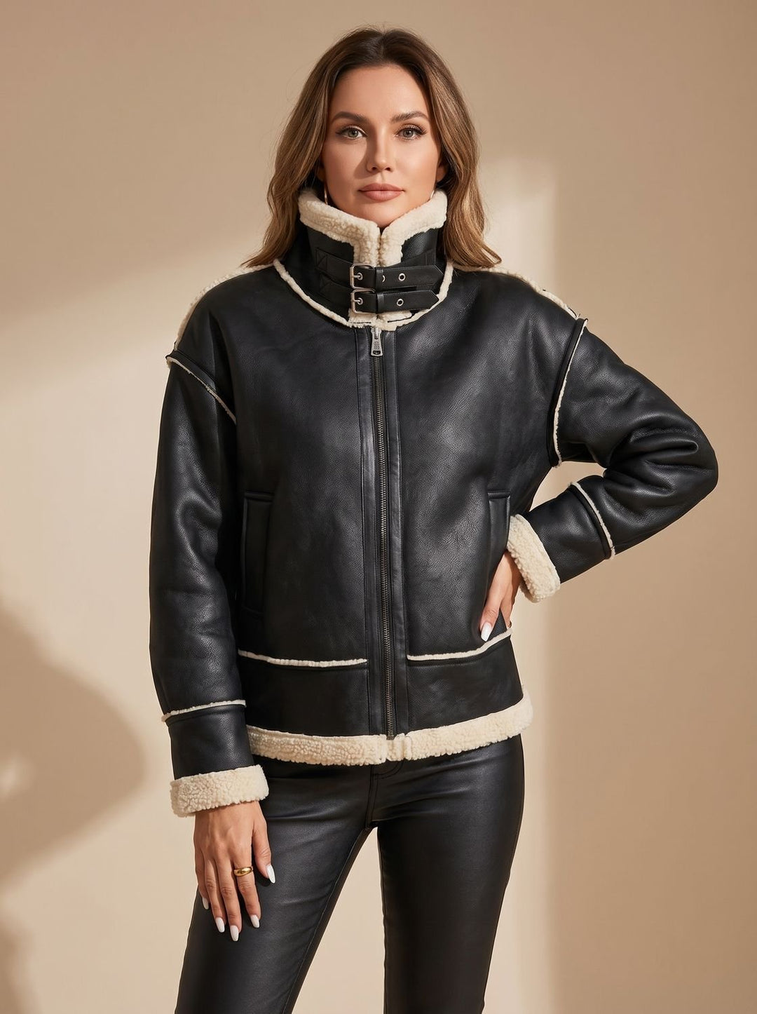 Women's Coat, Sherpa-Lined Aviator in Faux Leather