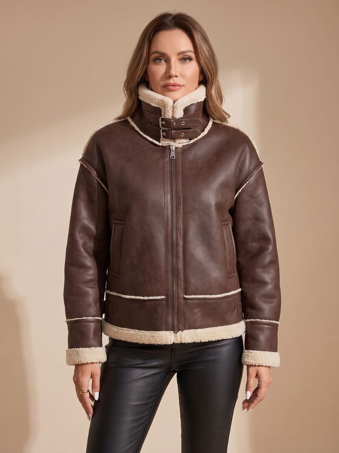 Women's Coat, Sherpa-Lined Aviator in Faux Leather (3)