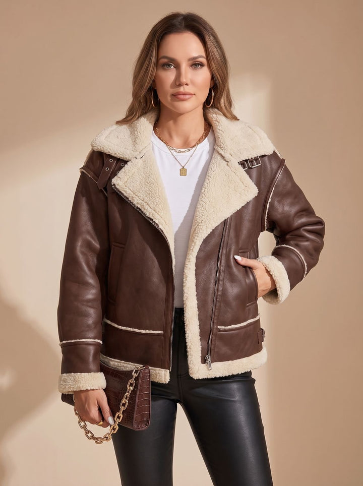 Women's Coat, Sherpa-Lined Aviator in Faux Leather (5)