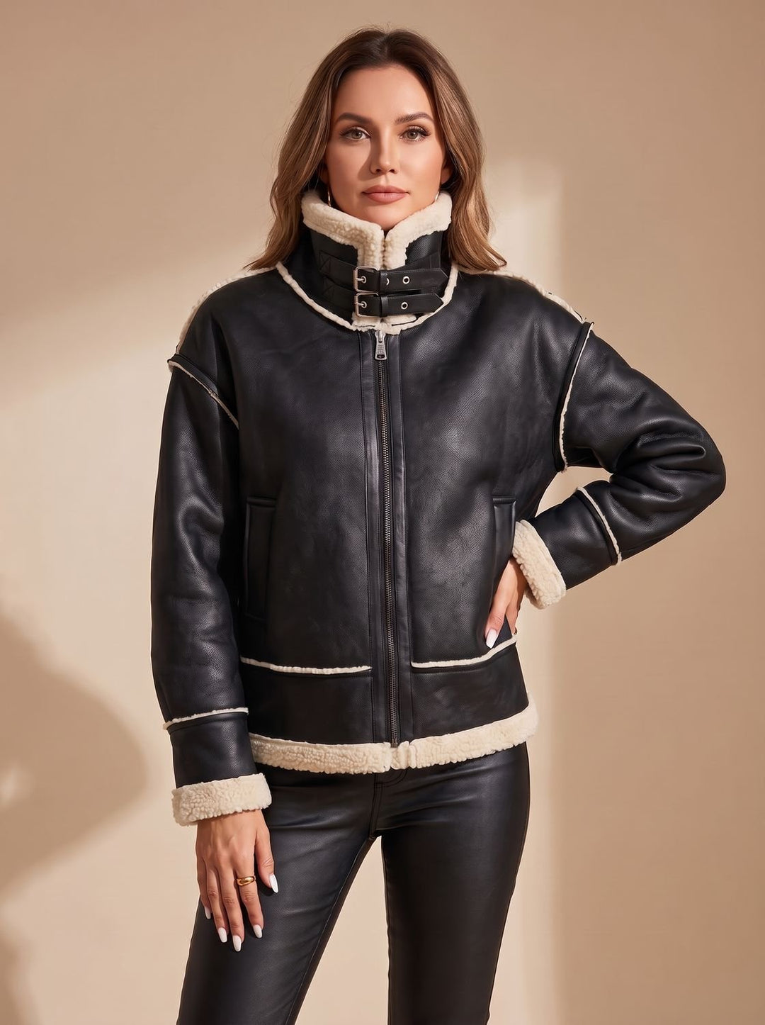 Women's Coat, Sherpa-Lined Aviator in Faux Leather in Black