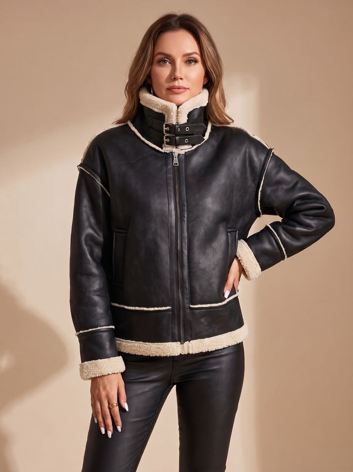 Women's Coat, Sherpa-Lined Aviator in Faux Leather in Black