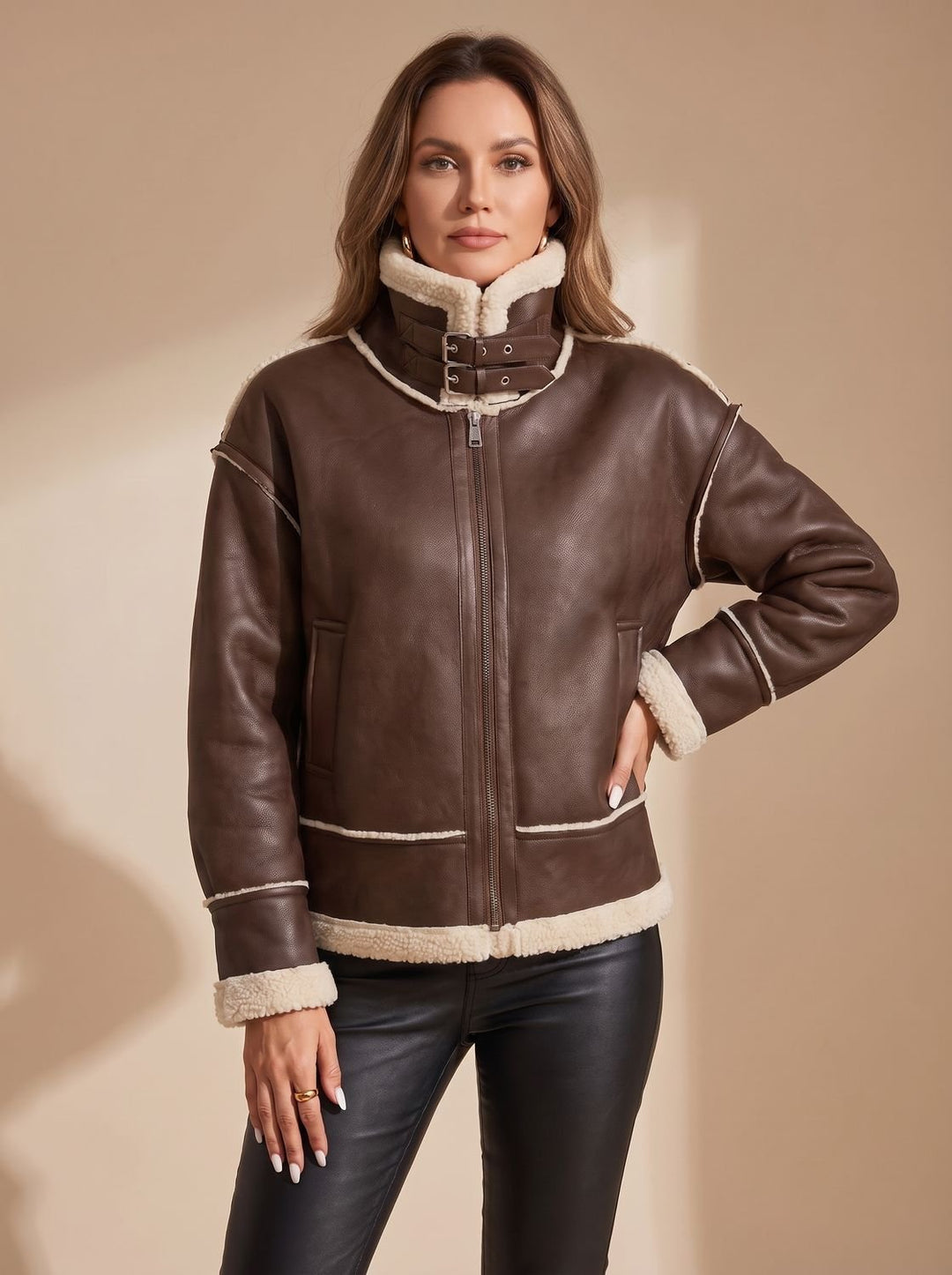 Women's Coat, Sherpa-Lined Aviator in Faux Leather in Brown