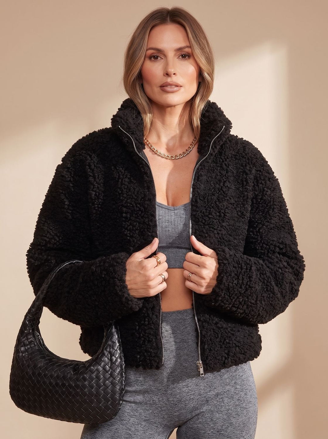 Women's Cozy Sherpa Winter Coat for Layering in Black
