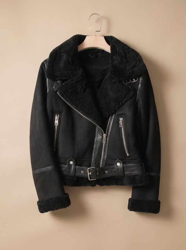 Women's Cropped Suede Moto Jacket with Shearling in Black