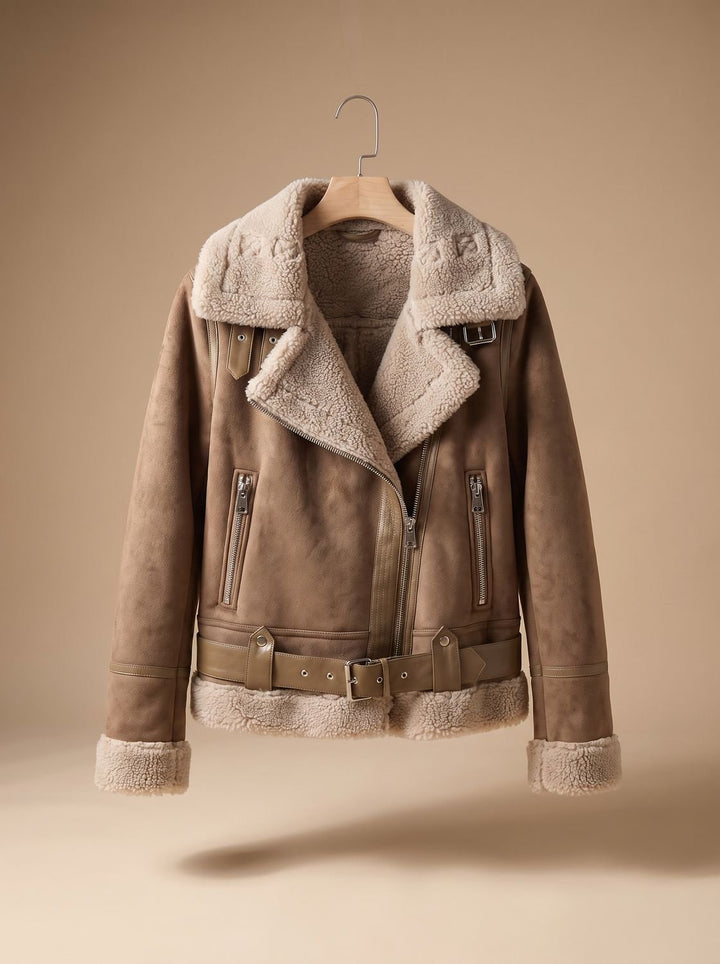Women's Cropped Suede Moto Jacket with Shearling in Brown 1