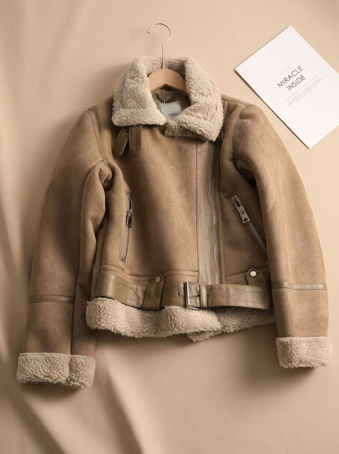 Women's Cropped Suede Moto Jacket with Shearling in Brown 3