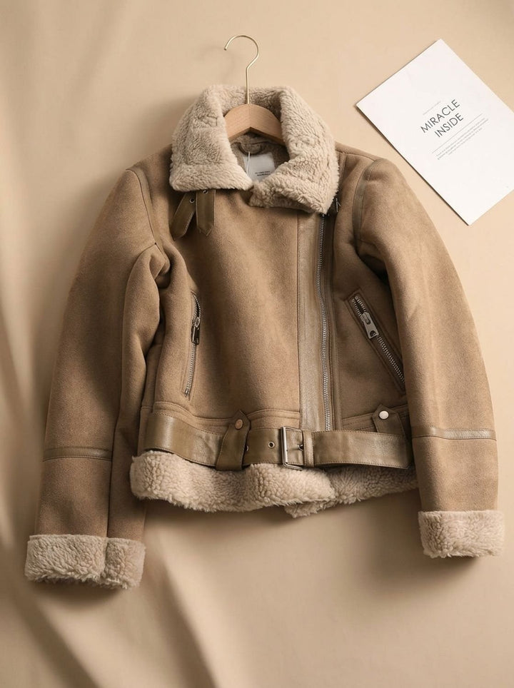 Women's Cropped Suede Moto Jacket with Shearling in Brown 3