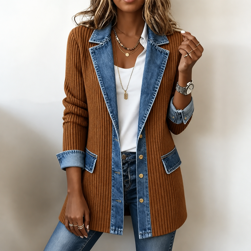Women's Denim-Accented Jumper Dress Cardigan in Brown