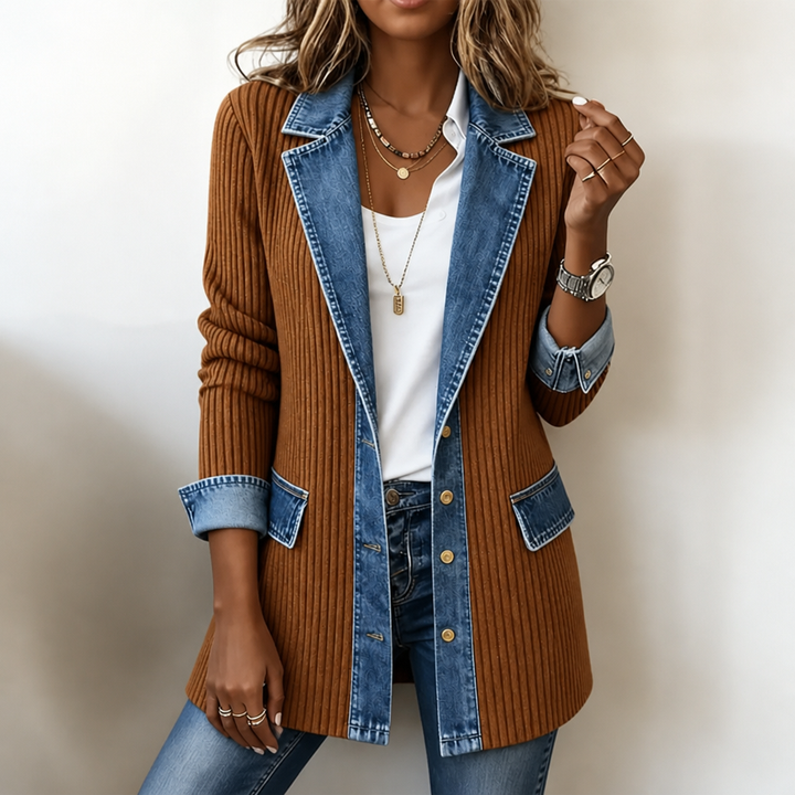 Women's Denim-Accented Jumper Dress Cardigan in Brown