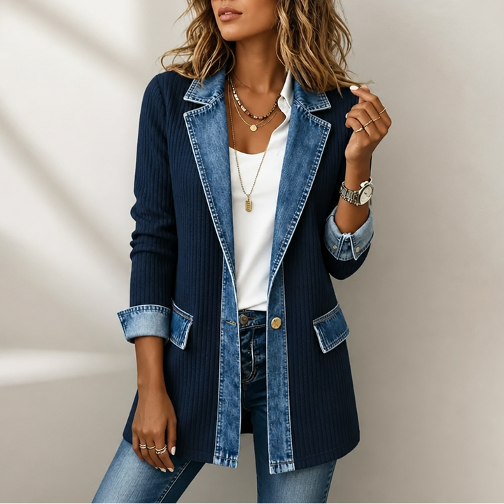 Women's Denim-Accented Jumper Dress Cardigan in Navy Blue