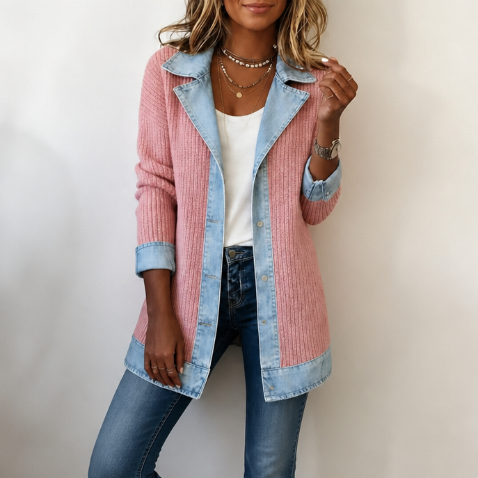 Women's Denim-Accented Jumper Dress Cardigan in Pink