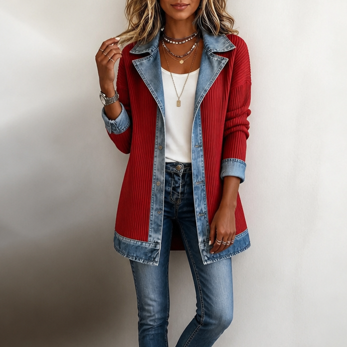 Women's Denim-Accented Jumper Dress Cardigan in Red