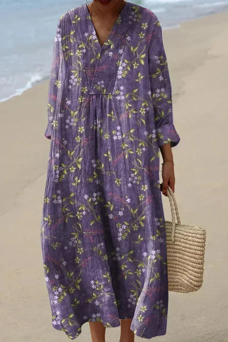 Women's Ditsy Floral Long Sleeve Midi Dress in Purple 1