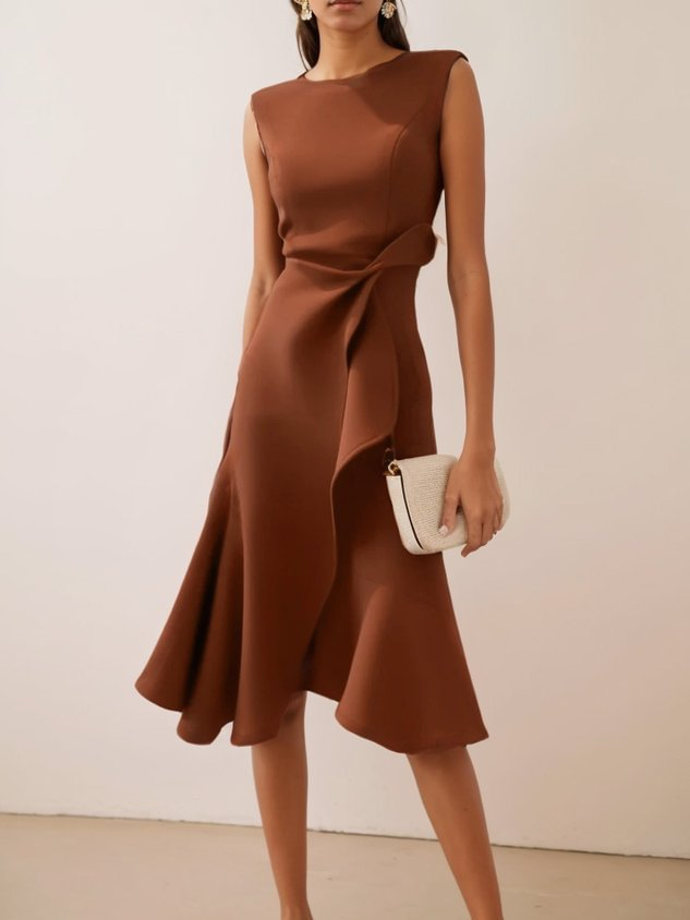 Women's Elegant Asymmetric Wedding Guest Dress in Kaffee