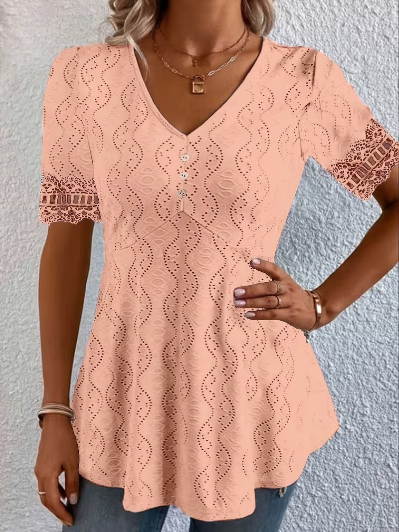 Women's Eyelet Blouse with Peplum and Lace in Apricot