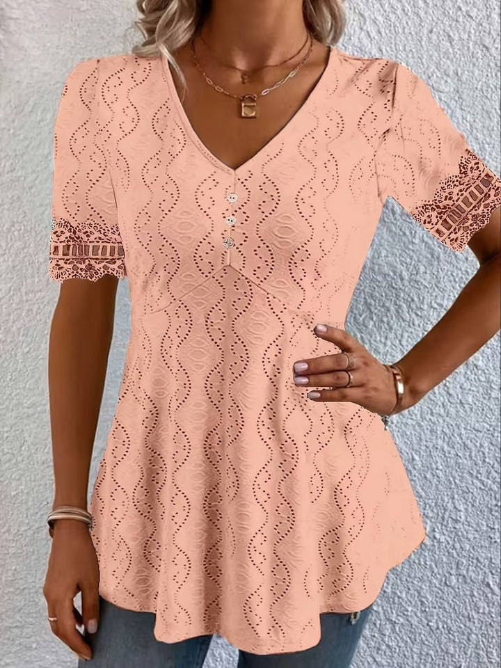 Women's Eyelet Blouse with Peplum and Lace in Apricot