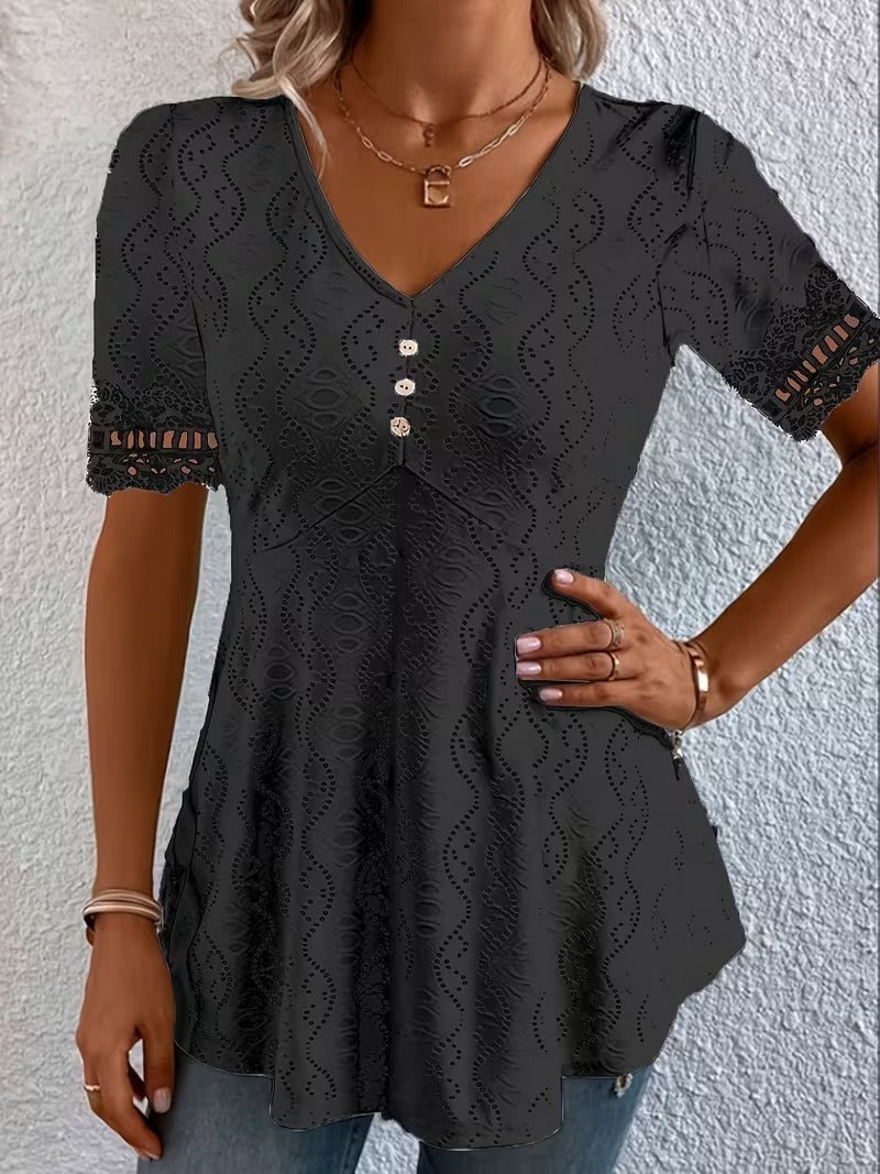 Women's Eyelet Blouse with Peplum and Lace in Black