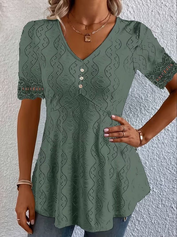 Women's Eyelet Blouse with Peplum and Lace in Green