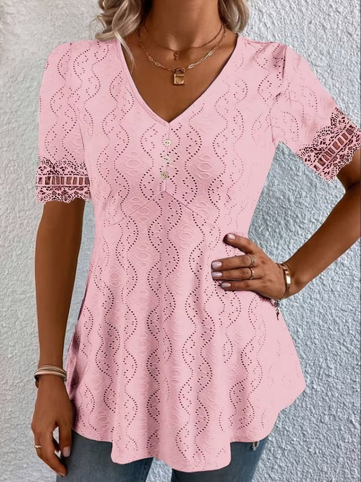 Women's Eyelet Blouse with Peplum and Lace in Pink