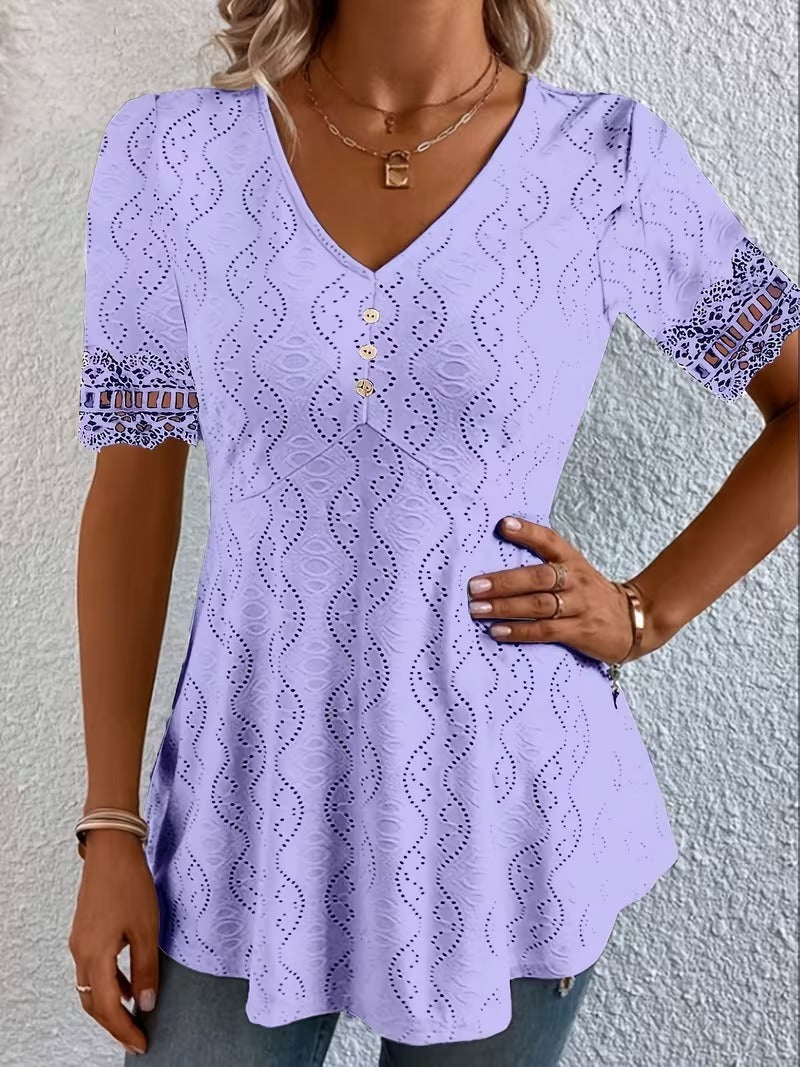 Women's Eyelet Blouse with Peplum and Lace in Purple