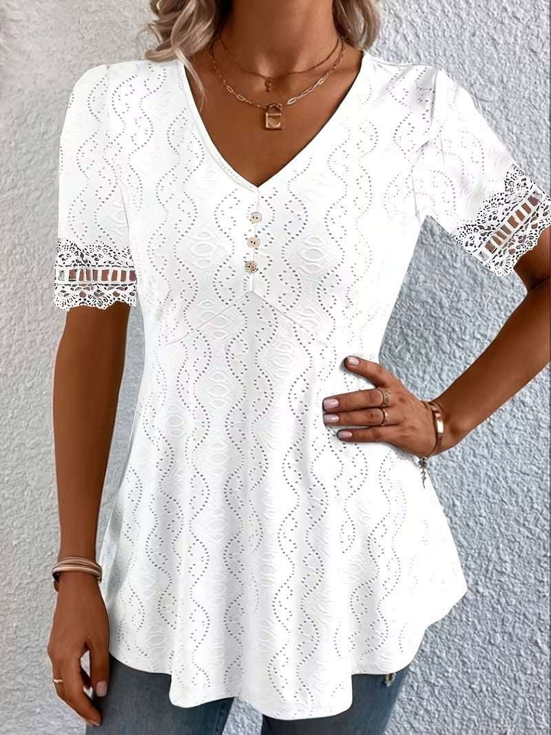 Women's Eyelet Blouse with Peplum and Lace in White