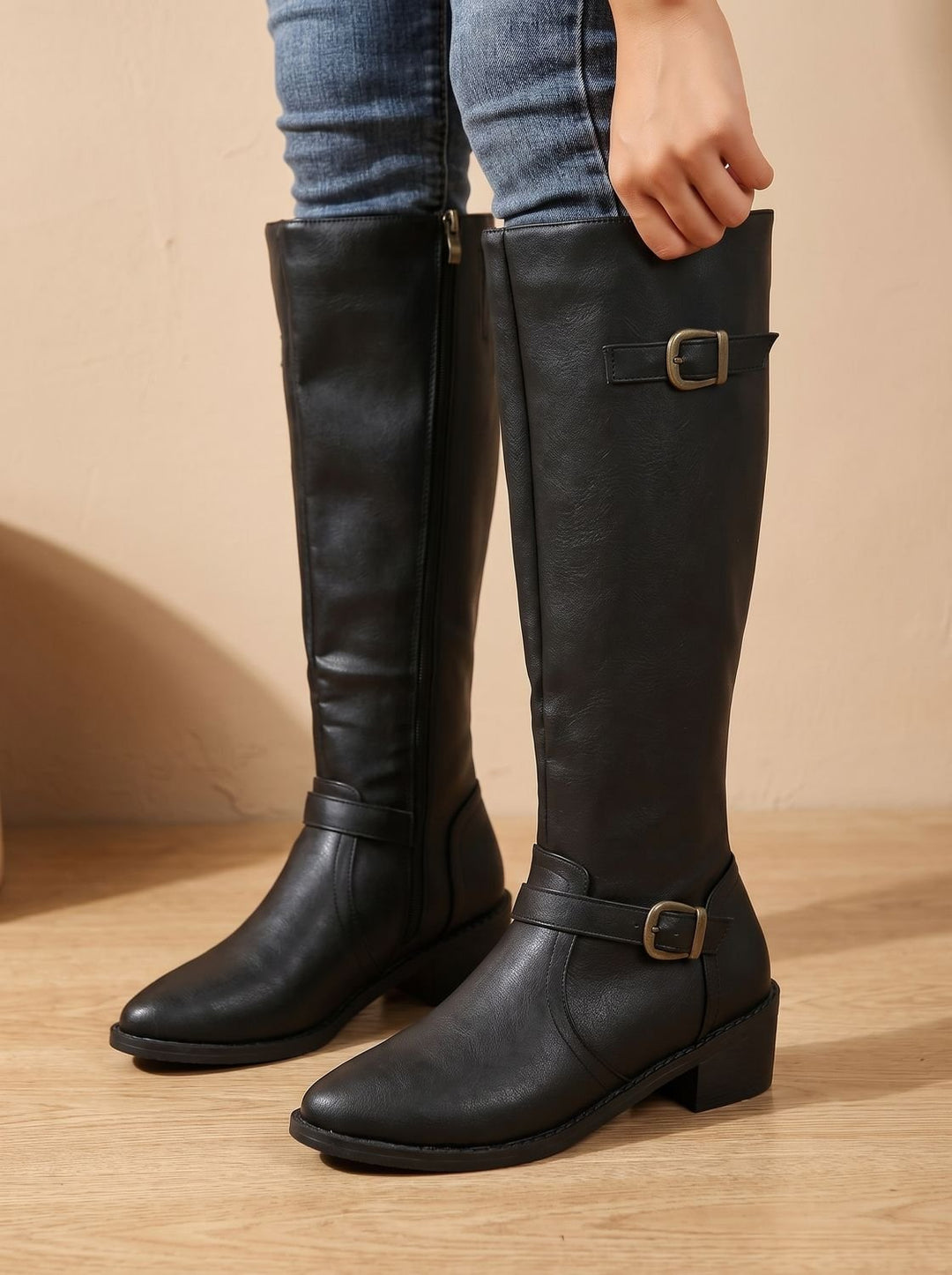 Women's Faux Leather Knee High Boots for Fall in Black
