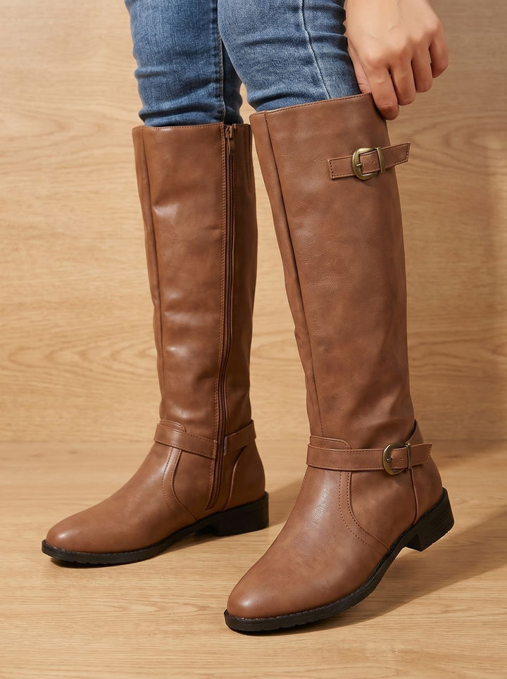 Women's Faux Leather Knee High Boots for Fall in Brown
