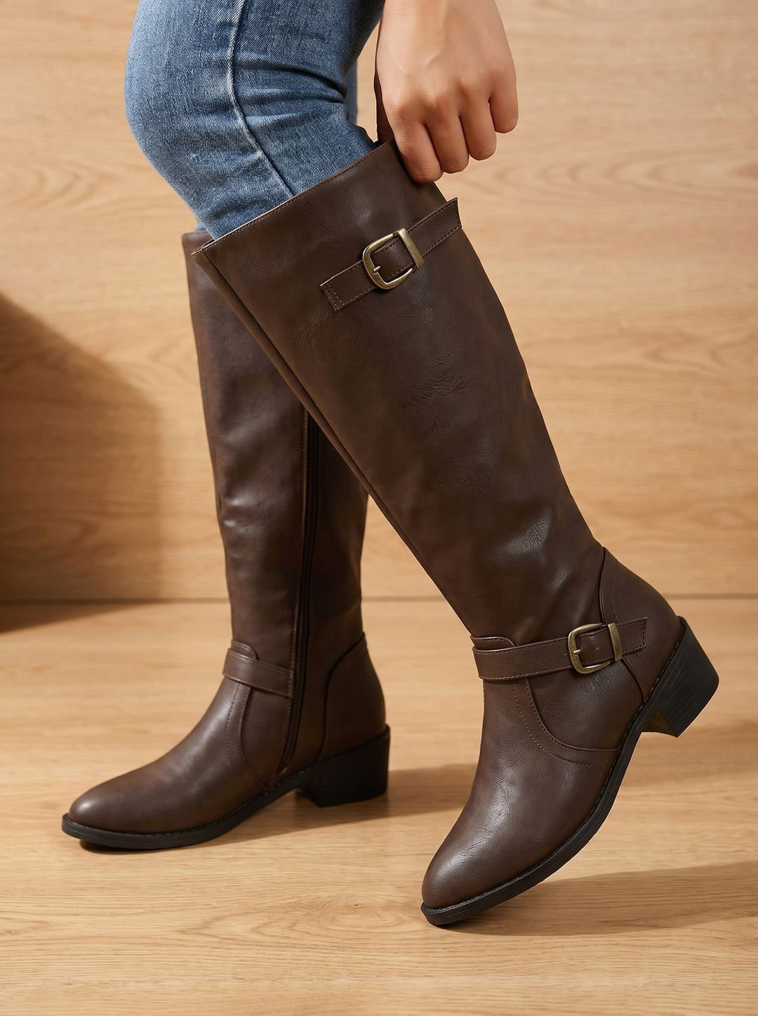 Women's Faux Leather Knee High Boots for Fall in Dark Brown