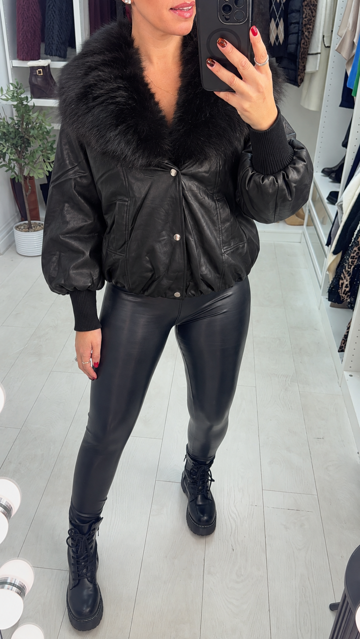 Women's Faux-Leather Trench Coat with Fur Collar in Black