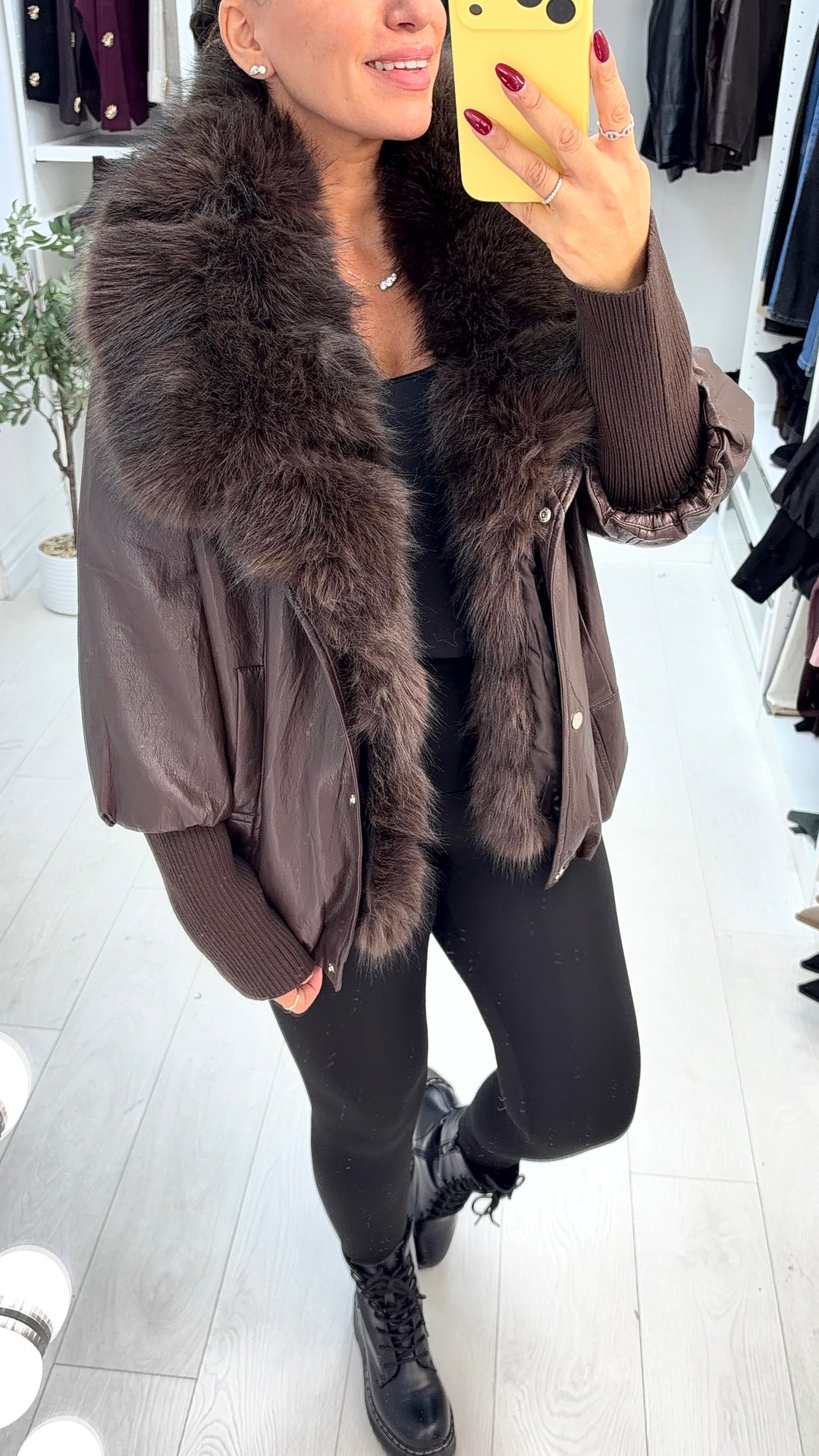 Women's Faux-Leather Trench Coat with Fur Collar in Chocolate