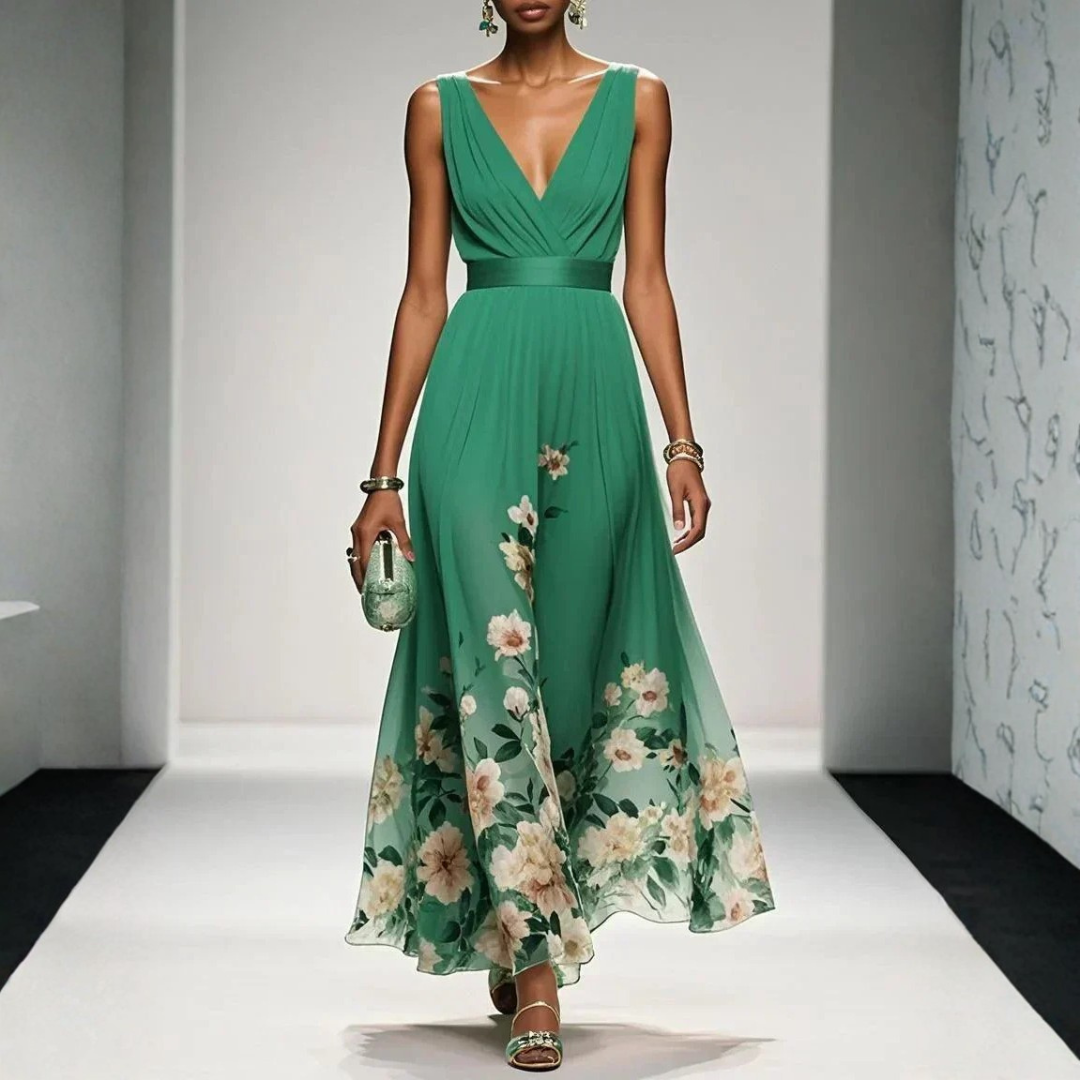 Women's Flowing Floral Maxi Wedding Guest Dress in Green