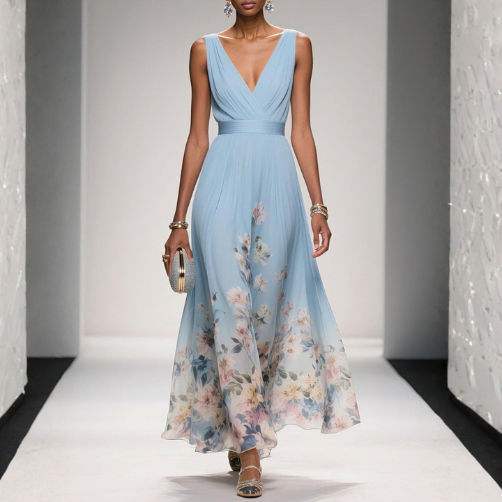 Women's Flowing Floral Maxi Wedding Guest Dress in Light Blue