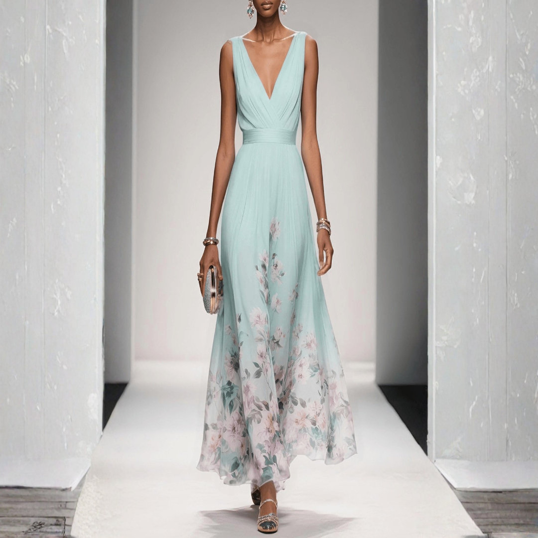 Women's Flowing Floral Maxi Wedding Guest Dress in Light Green