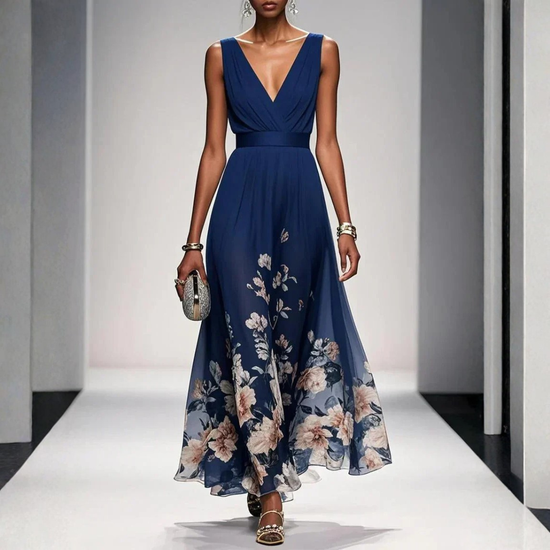 Women's Flowing Floral Maxi Wedding Guest Dress in Navy