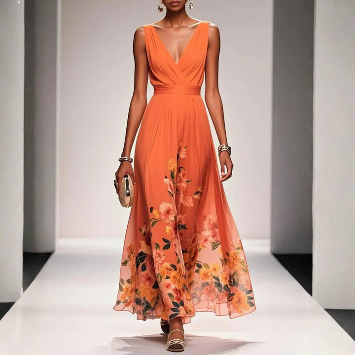 Women's Flowing Floral Maxi Wedding Guest Dress in Orange
