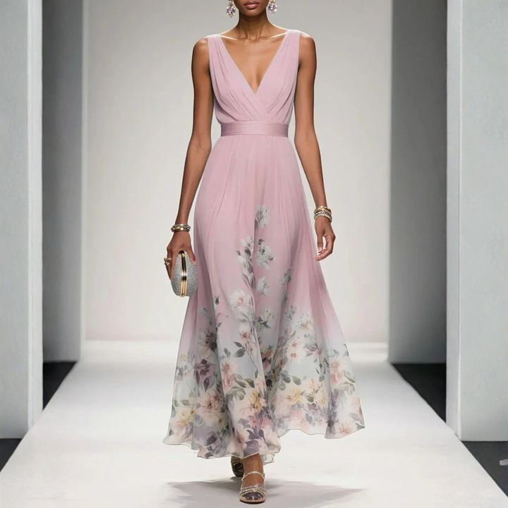Women's Flowing Floral Maxi Wedding Guest Dress in Pink