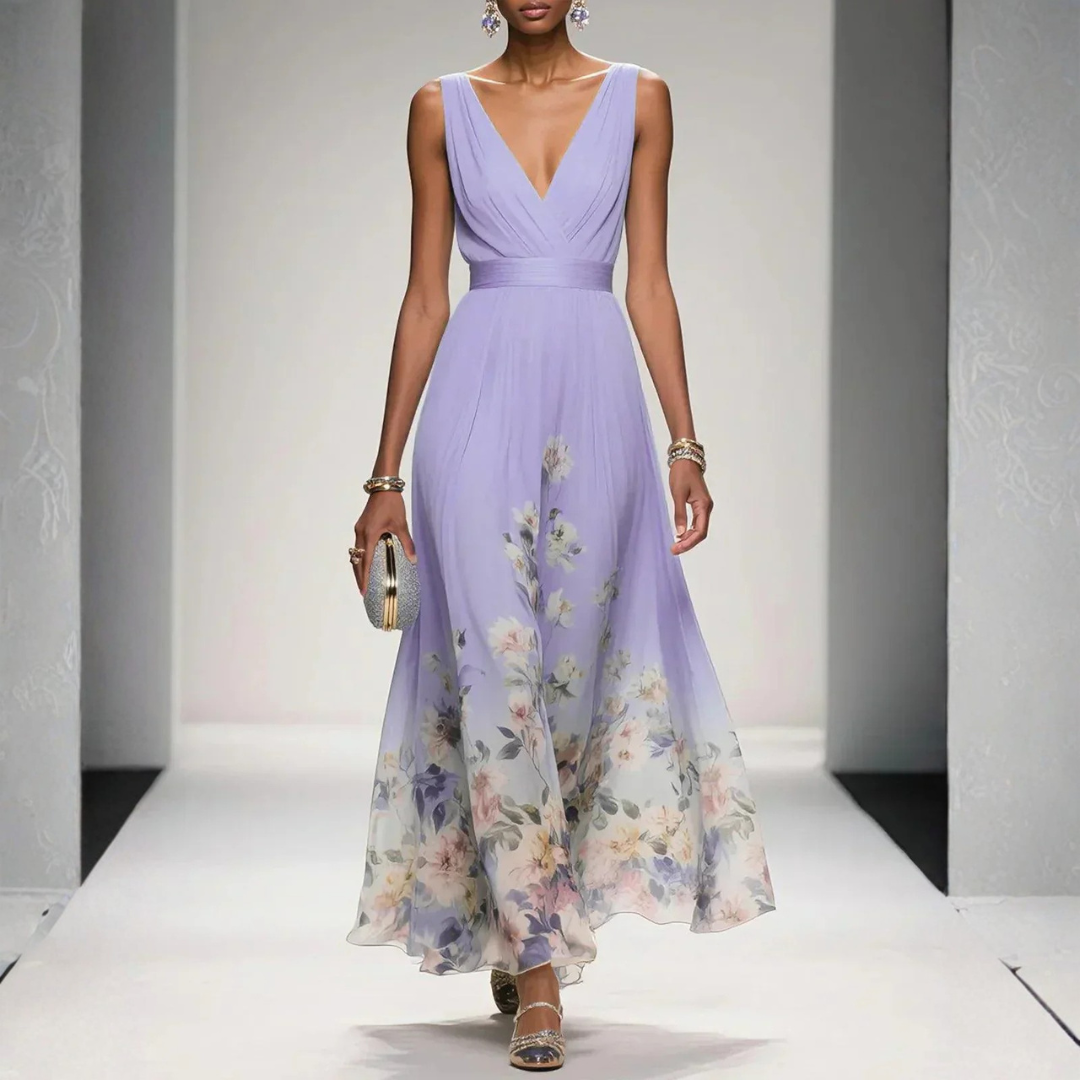 Women's Flowing Floral Maxi Wedding Guest Dress in Purple