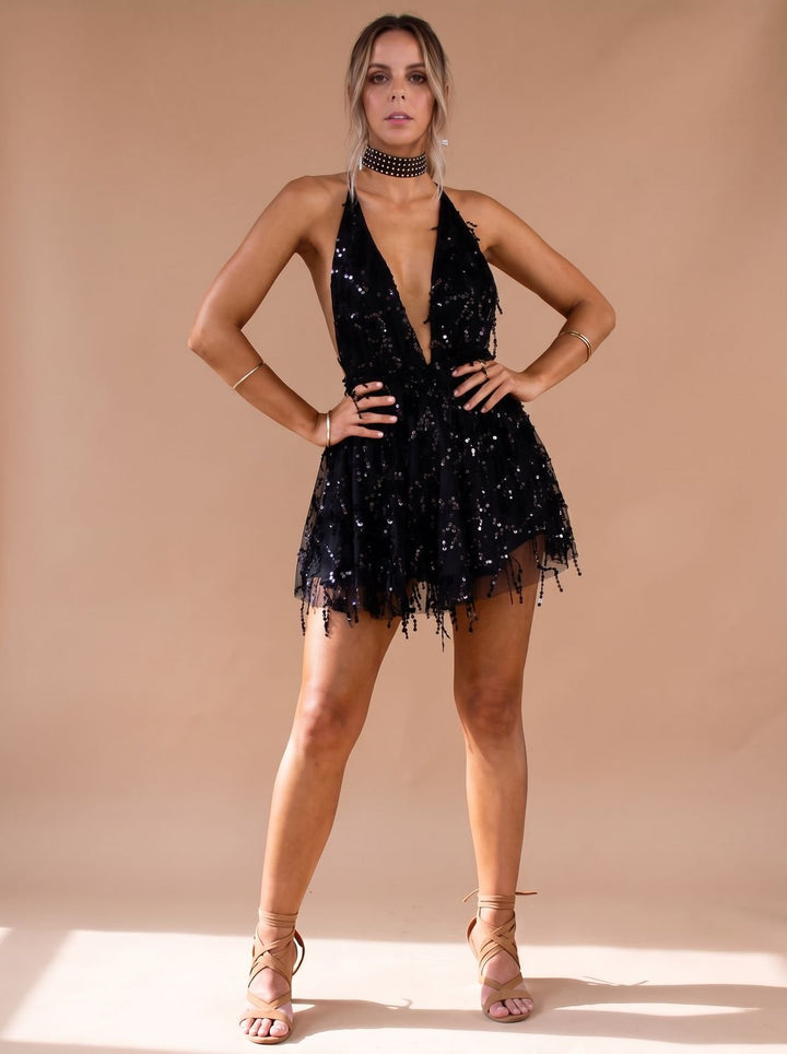 Women's Flowing Sequin Halter Christmas Party Dress in Black