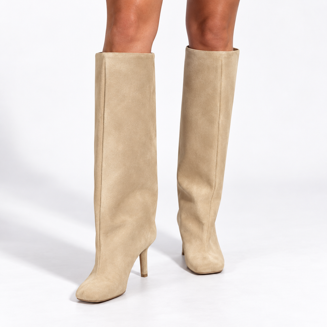 Women's High-Heel Suede Knee-High Boots for Evening in Beige