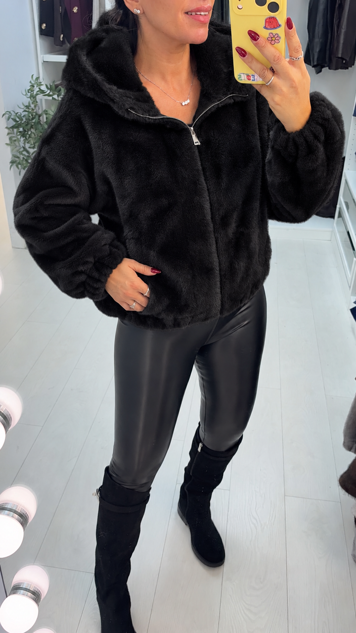 Women's Hooded Faux Fur Trench Coat in Black