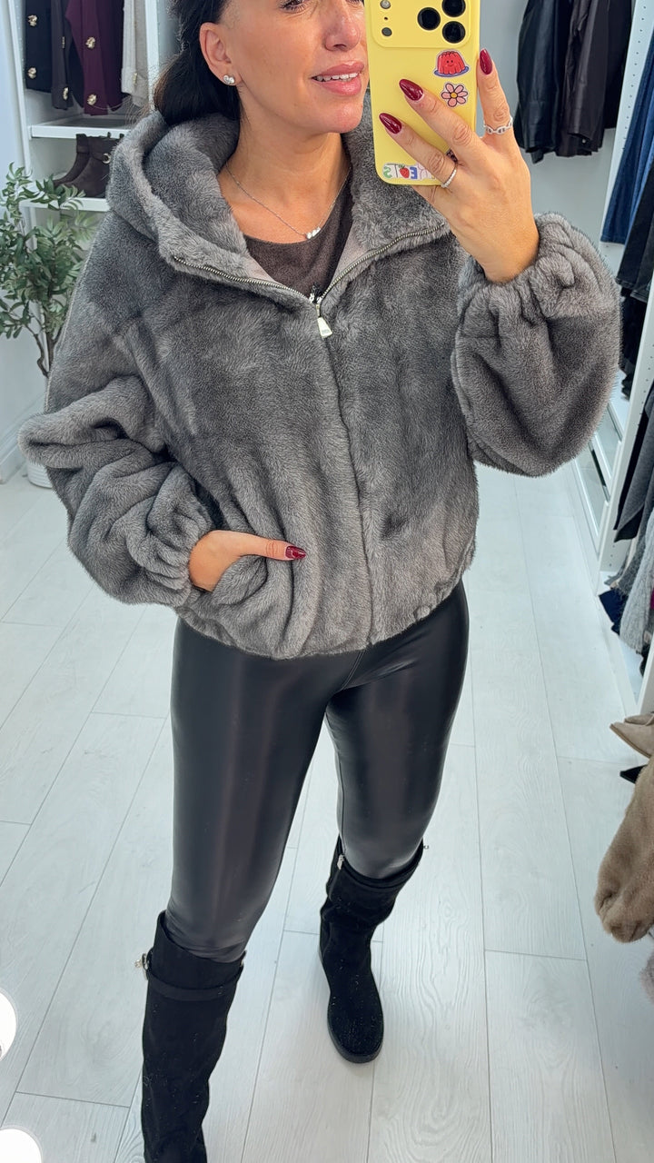 Women's Hooded Faux Fur Trench Coat in Grey