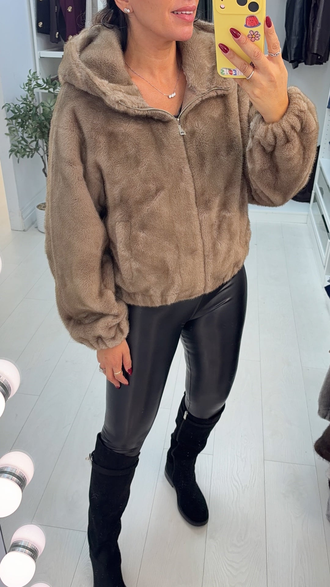 Women's Hooded Faux Fur Trench Coat in Mocha