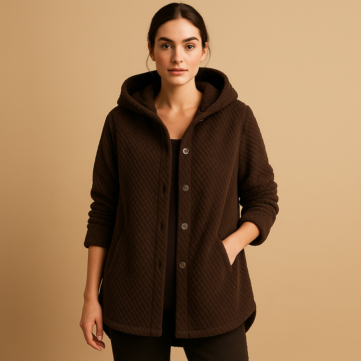 Women's Hooded Winter Coat in Reversible Fleece in Dark Brown