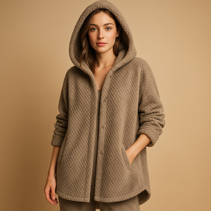 Women's Hooded Winter Coat in Reversible Fleece in Khaki