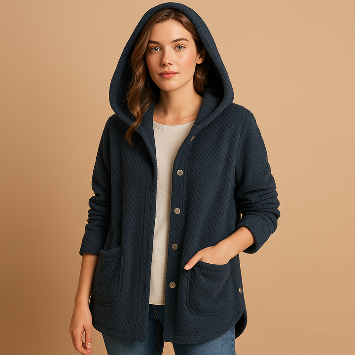 Women's Hooded Winter Coat in Reversible Fleece in Navy Blue